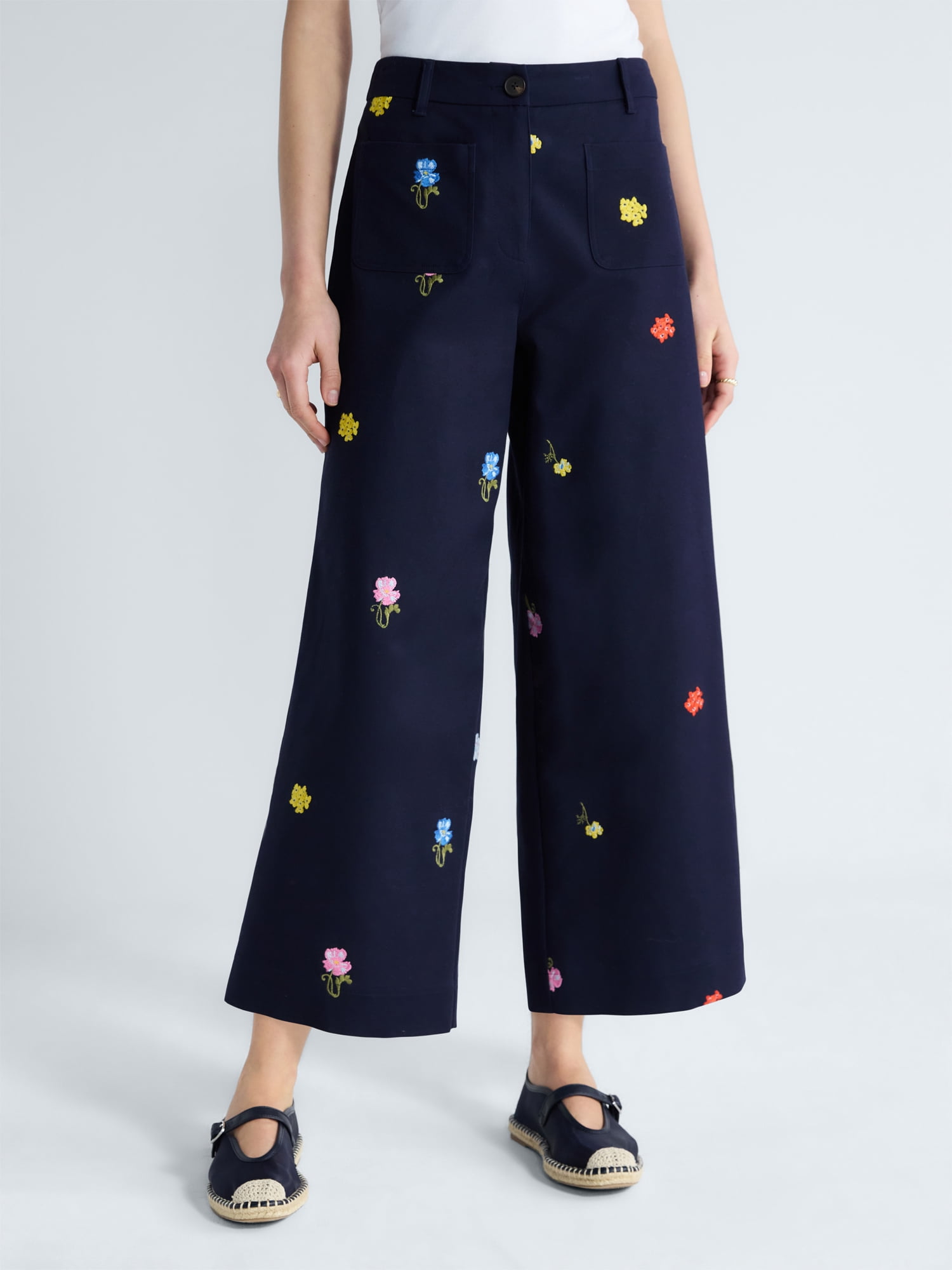 Free Assembly Women's Embroidered Wide Leg Cropped Pants, 26" Inseam, Sizes 0-18