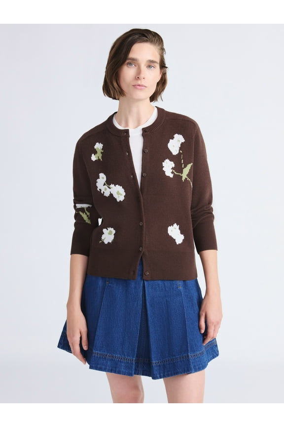 Women's and Women's Plus Floral Jacquard Shrunken Cardigan Sweater, Midweight, Sizes XS-XXL