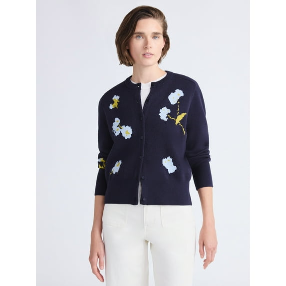 Free Assembly Women's and Women's Plus Floral Jacquard Shrunken Cardigan Sweater, Midweight, Sizes XS-XXL