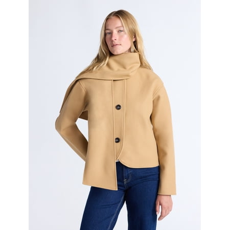 Free Assembly Women's Faux Wool Jacket with Scarf, Sizes XS-XXL