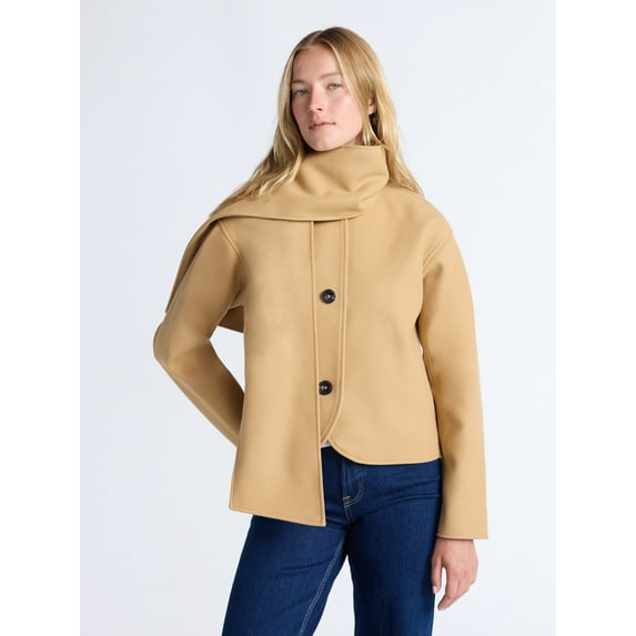 Free Assembly Women's Faux Wool Jacket with Scarf, Sizes XS-XXL