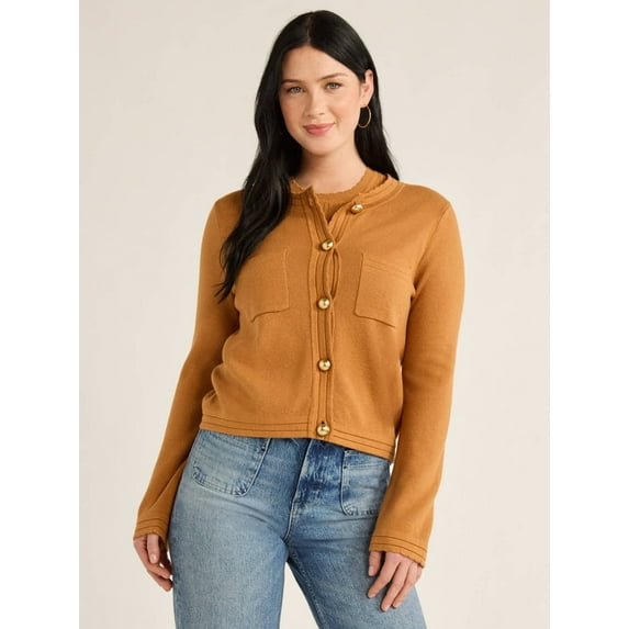 Free Assembly Women’s Long Sleeve Cardigan Sweater with Chest Pockets, Midweight, Sizes XS-XXL