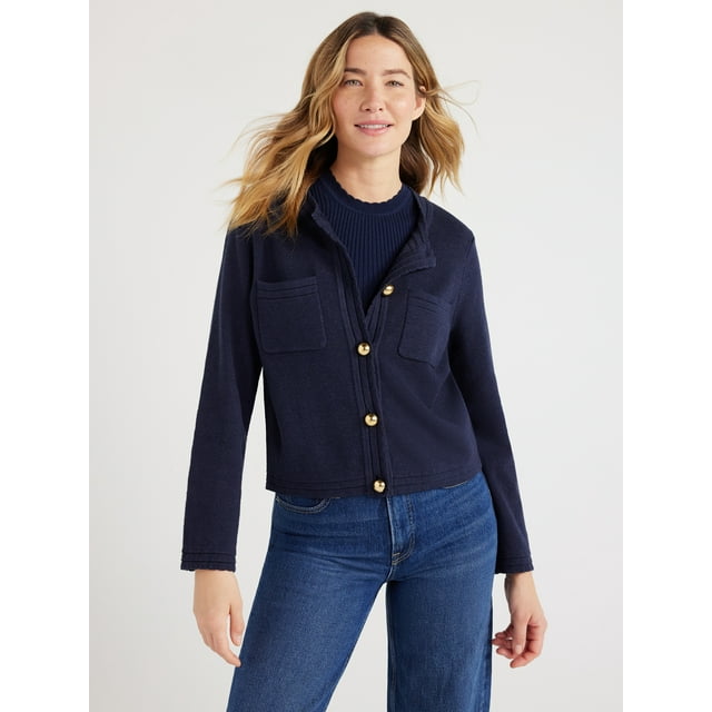 Free Assembly Women’s Long Sleeve Cardigan Sweater with Chest Pockets, Midweight, Sizes XS-XXL