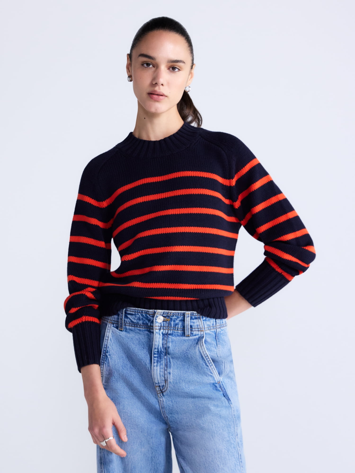 Free Assembly Women's Cropped Mock Neck Cotton Sweater, Midweight, Sizes XS-XXL