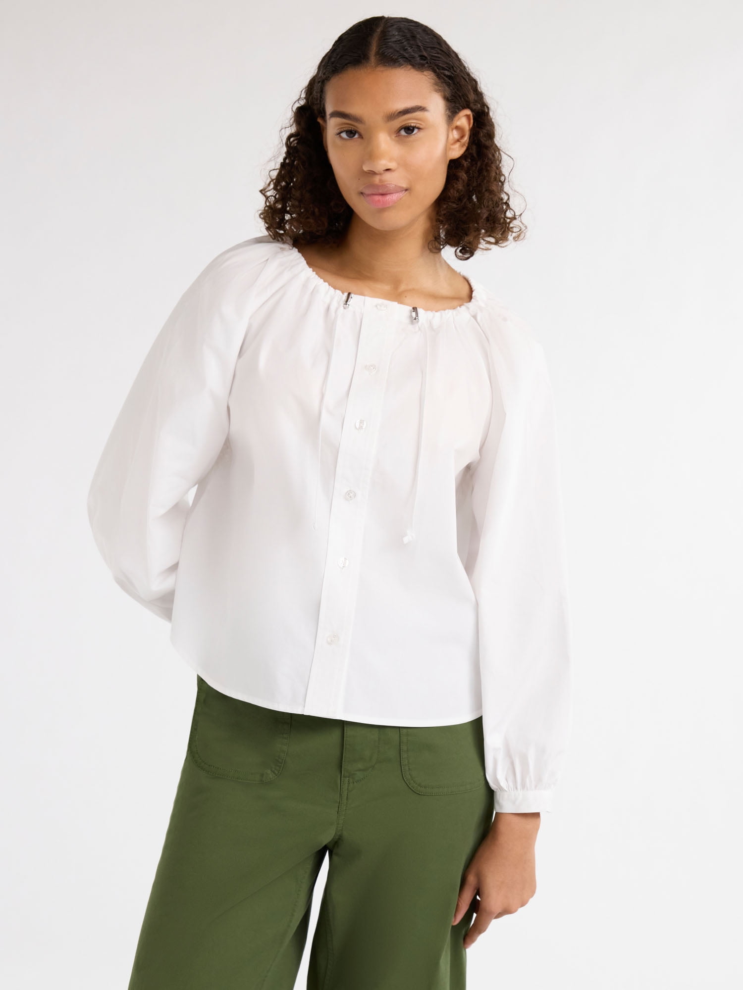 Free Assembly Women's Long Sleeve Gathered Neck Top, XS-XXXL