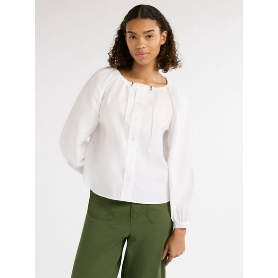 Free Assembly Women's and Women's Plus Gathered Neck Cotton Top with Long Sleeves, XS-4X