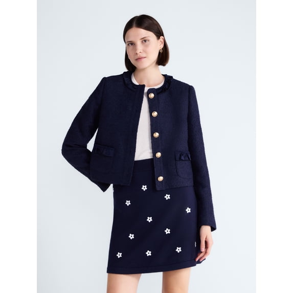 Free Assembly Women’s Ruffle Trim Nubby Jacket with Long Sleeves, Sizes XS-XXL