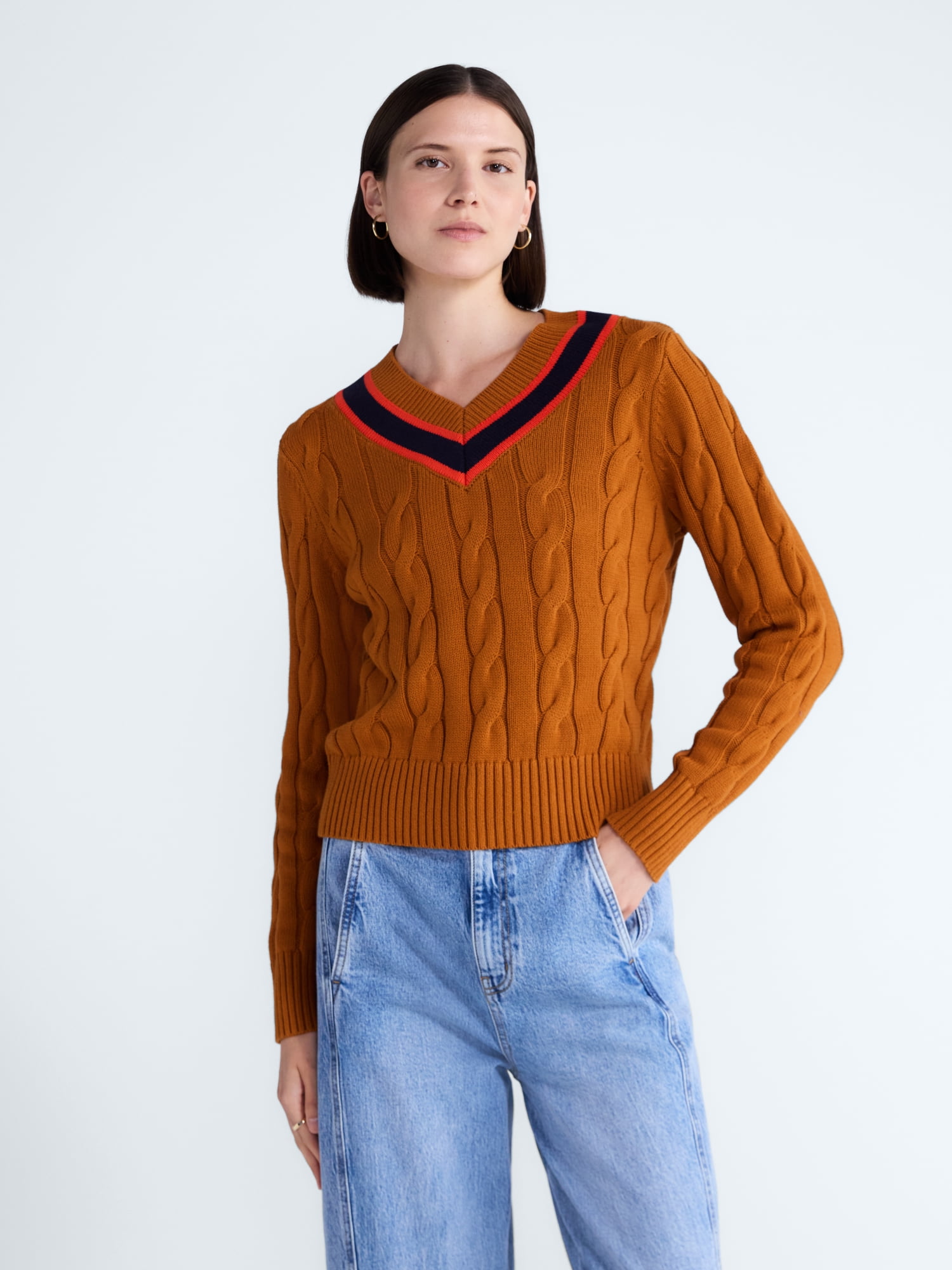 Free Assembly Women's and Women's Plus Cotton Cable Knit Sweater, Midweight, Sizes XS-4X