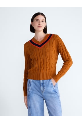 Women's and Women's Plus Cotton Cable Knit Sweater, Midweight, Sizes XS-4X