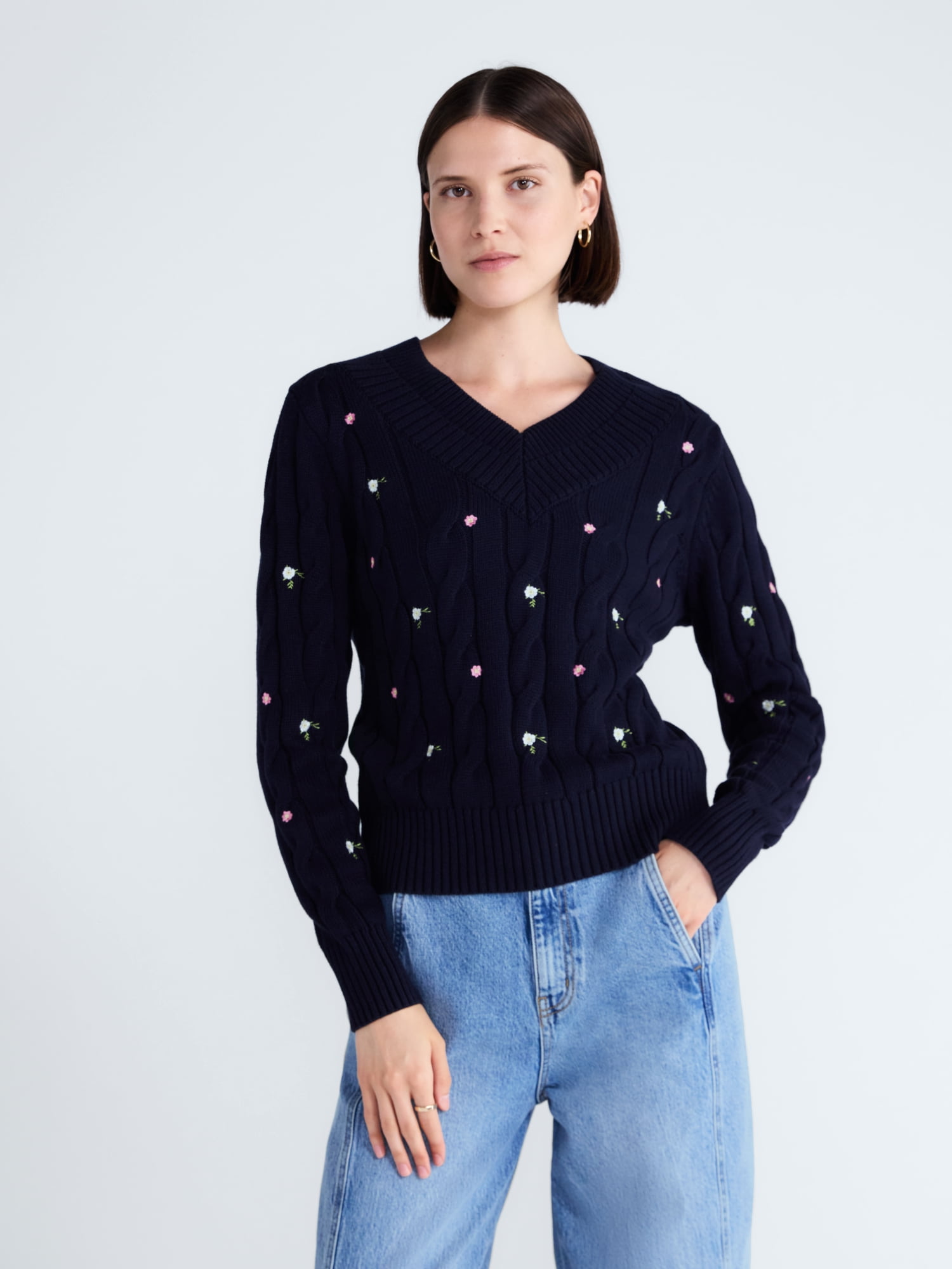Free Assembly Women's and Women's Plus Cotton Cable Knit Sweater, Midweight, Sizes XS-4X