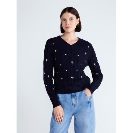 Free Assembly Women's and Women's Plus Cotton Cable Knit Sweater, Midweight, Sizes XS-4X