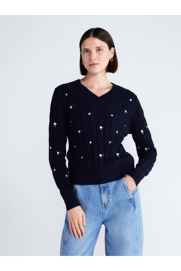 Women's and Women's Plus Cotton Cable Knit Sweater, Midweight, Sizes XS-4X