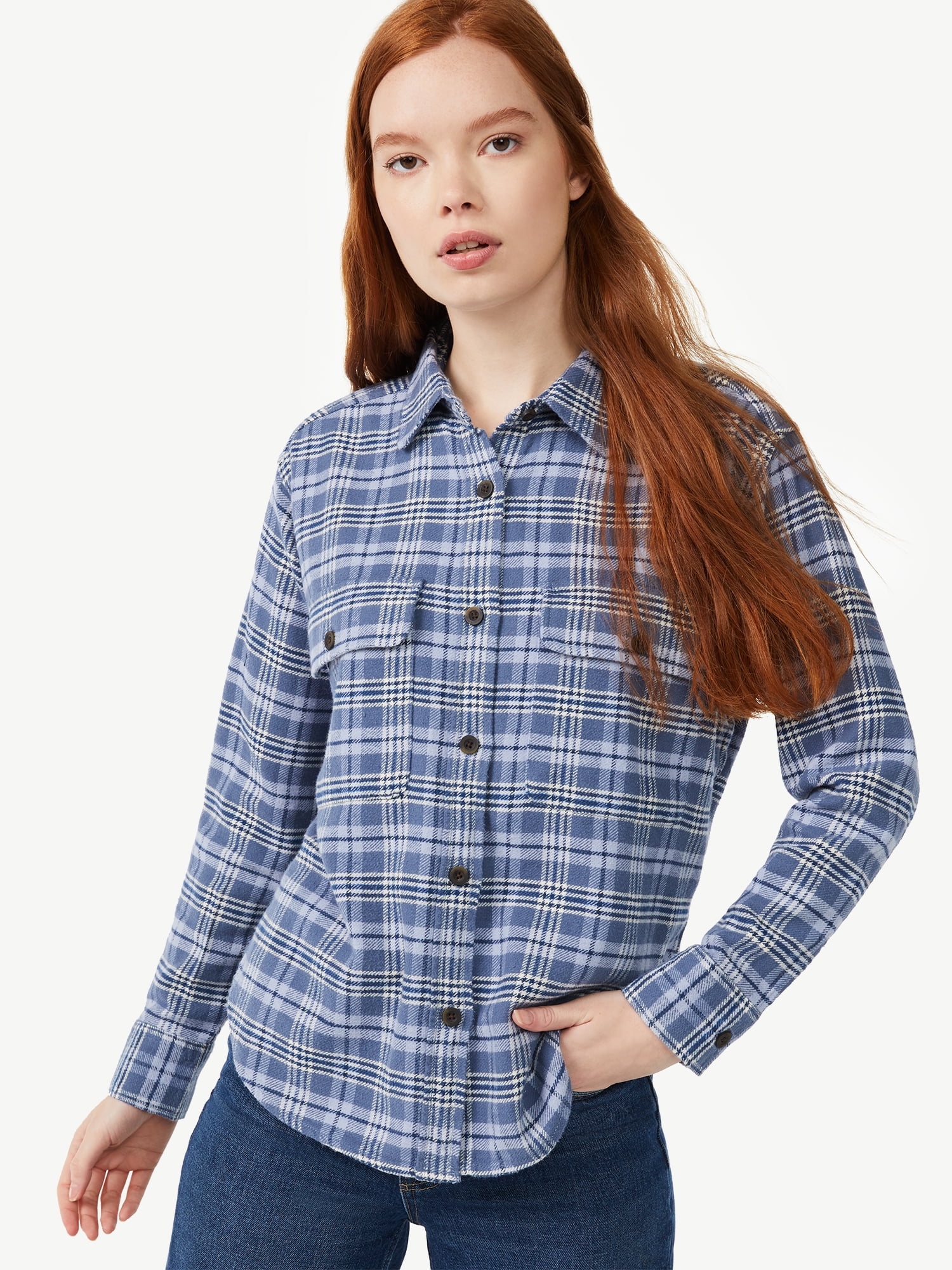 Free Assembly Women's Cotton Plaid Work Shirt with Long Sleeves, Sizes XS-XXXL