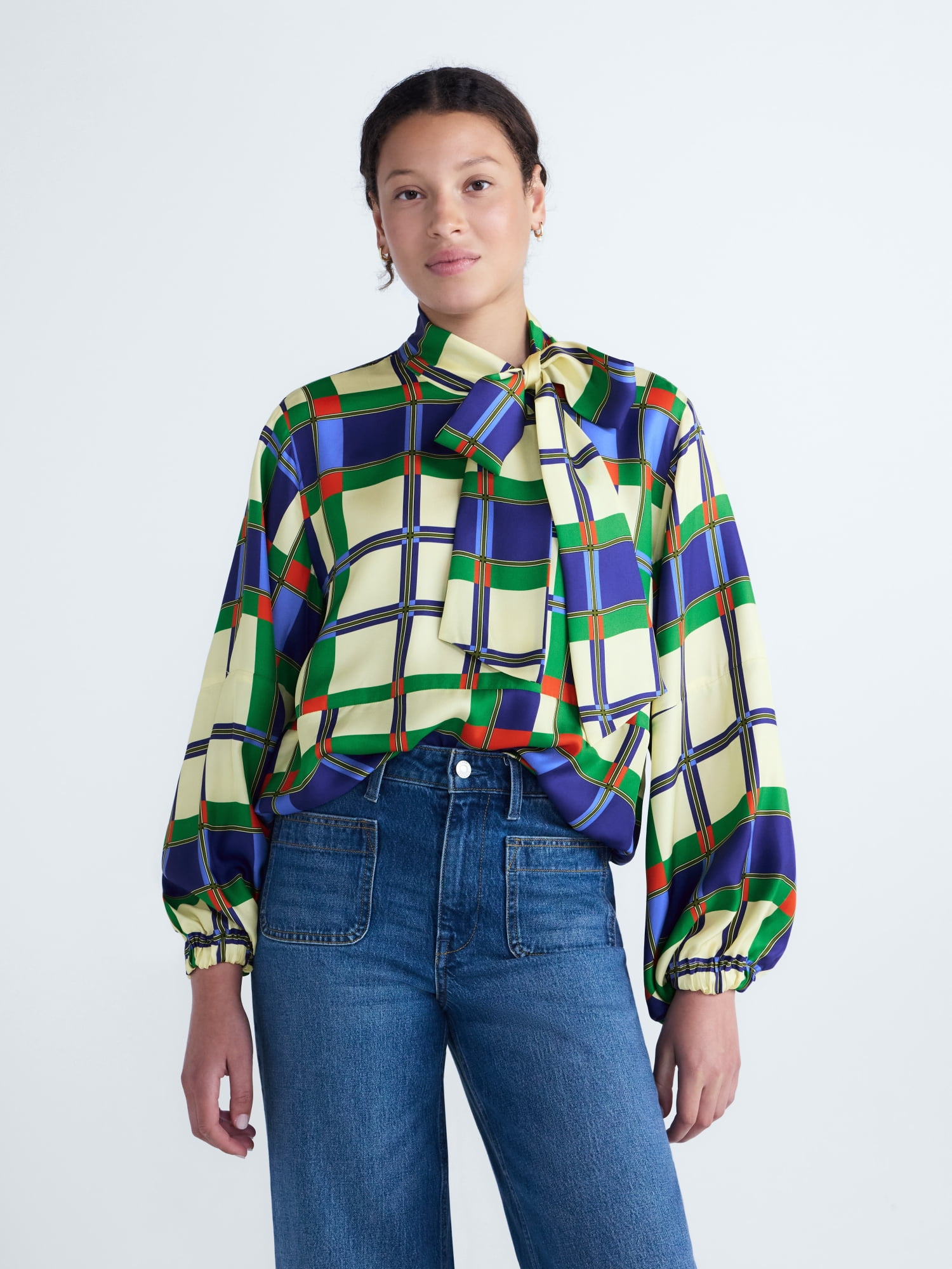 Free Assembly Women's and Women's Plus Silk Tie Neck Top with Long Sleeves, Sizes XXS-4X