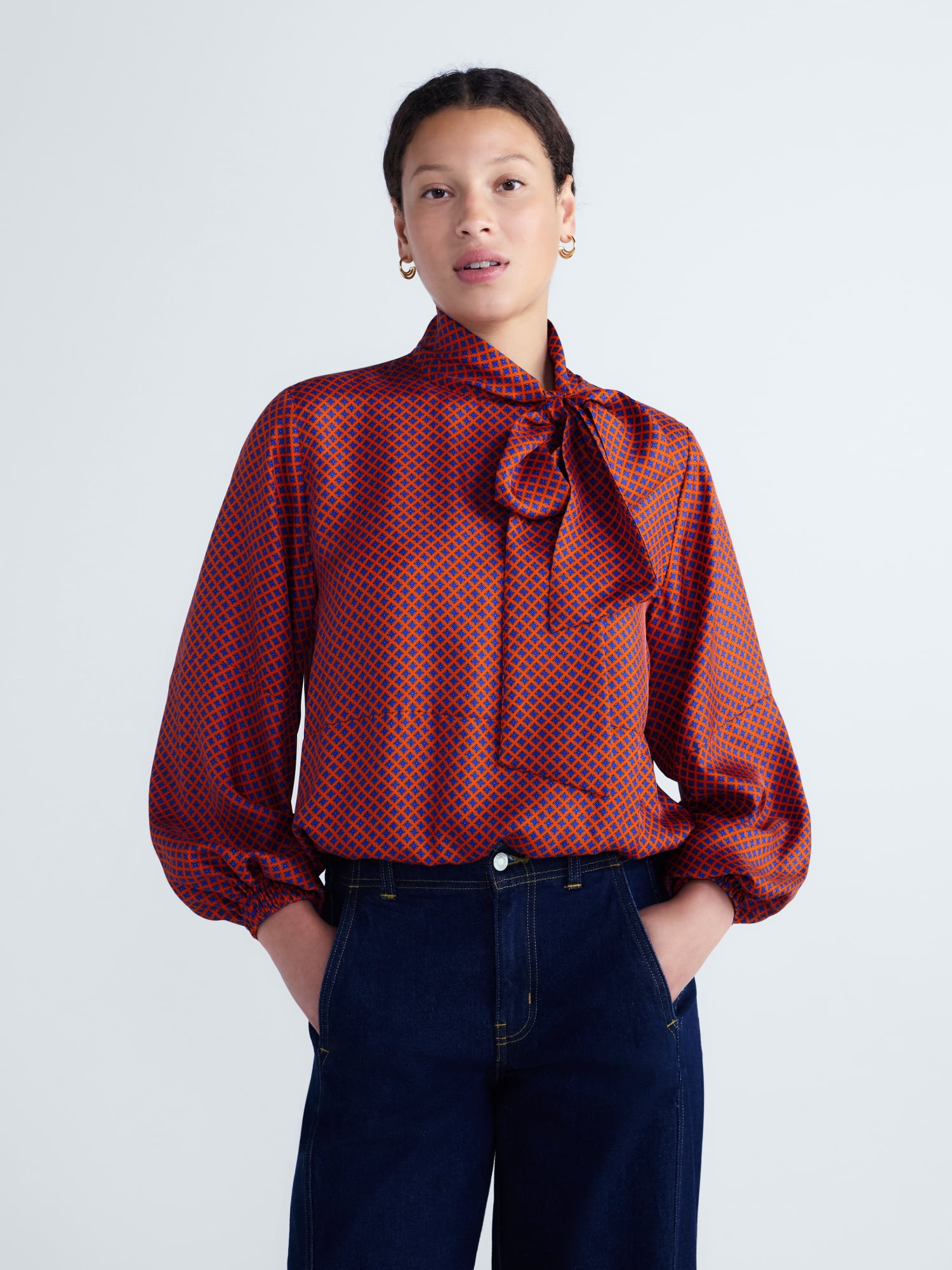 Free Assembly Women's and Women's Plus Silk Tie Neck Top with Long Sleeves, Sizes XXS-4X