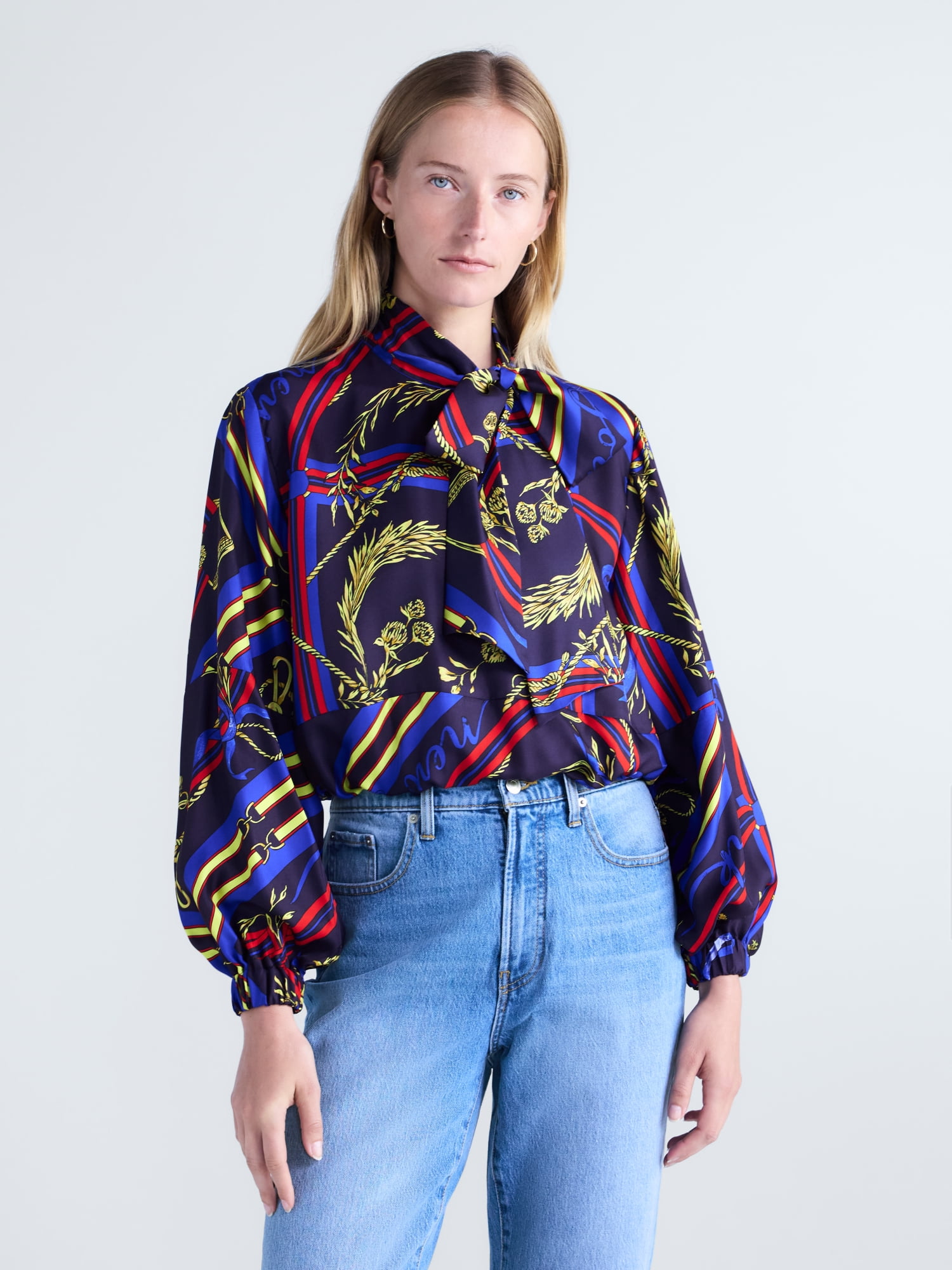 Free Assembly Women's and Women's Plus Silk Tie Neck Top with Long Sleeves, Sizes XXS-4X