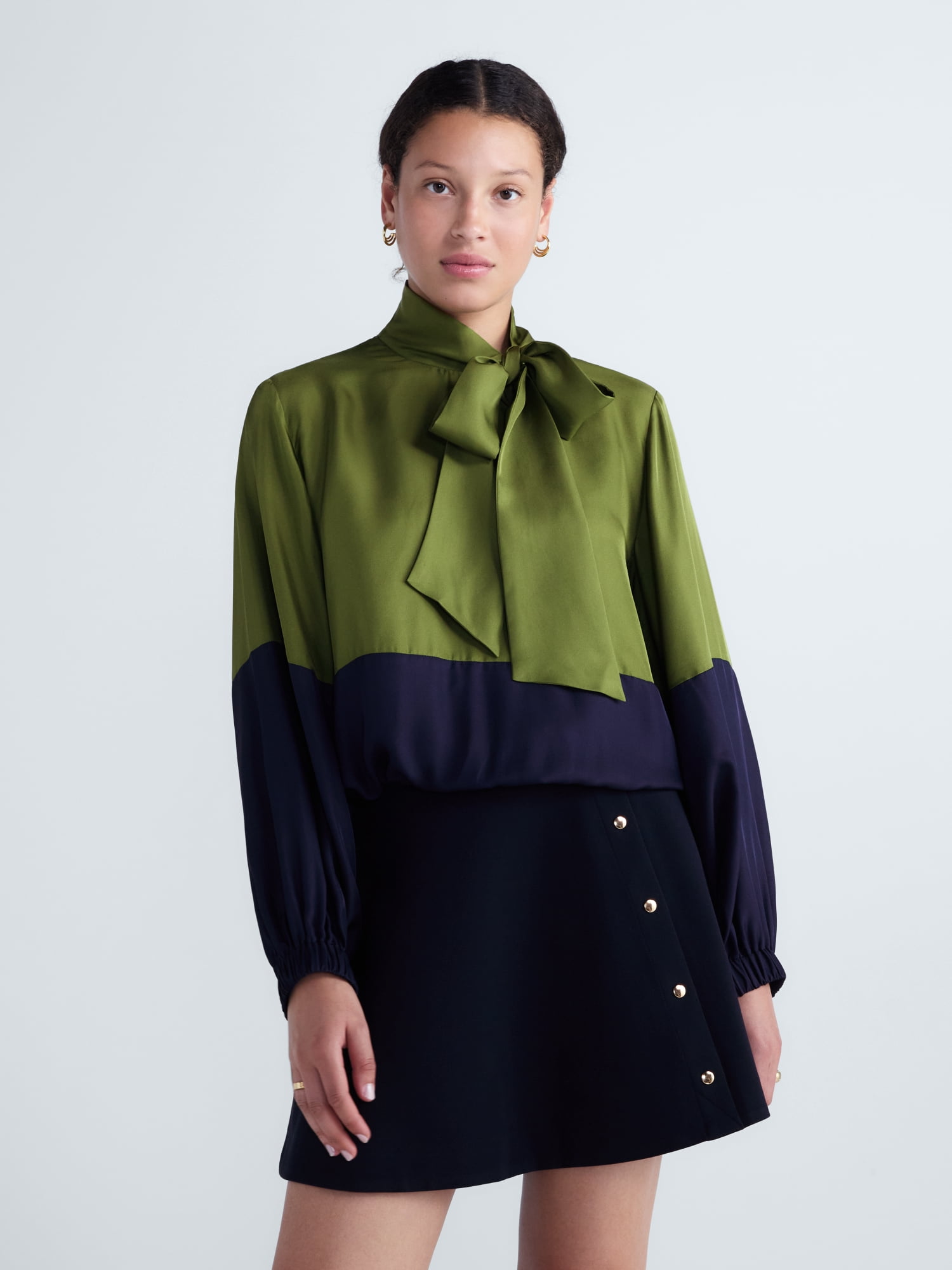 Free Assembly Women's and Women's Plus Silk Tie Neck Top with Long Sleeves, Sizes XXS-4X