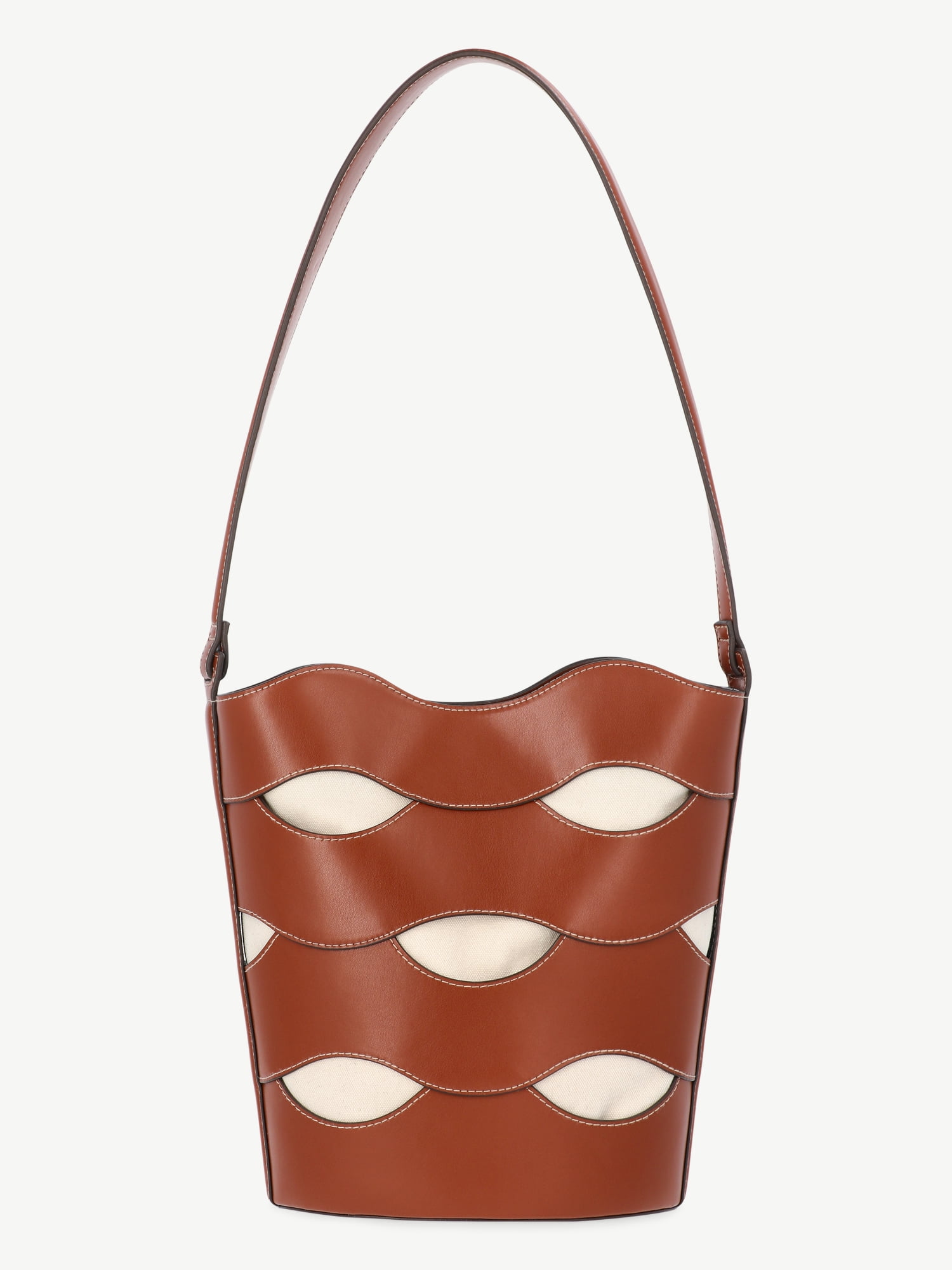 Free Assembly Women's Maria Cut Out Bucket Bag, Cognac/Cream