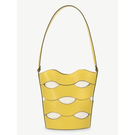 Free Assembly Women's Maria Cut Out Bucket Bag, Musard/Cream