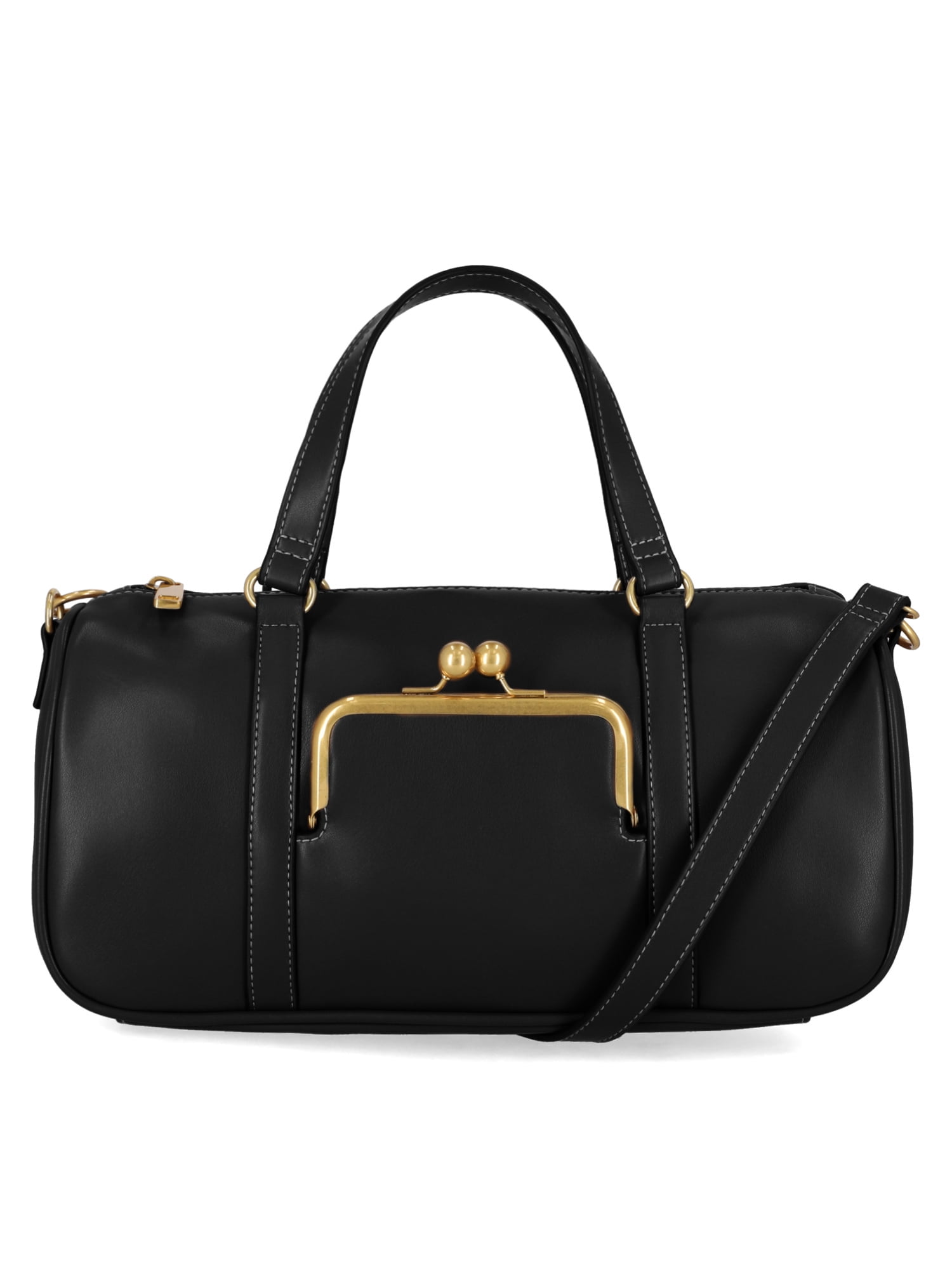 Free Assembly Women's Faux Leather Frame Satchel Handbag, Black