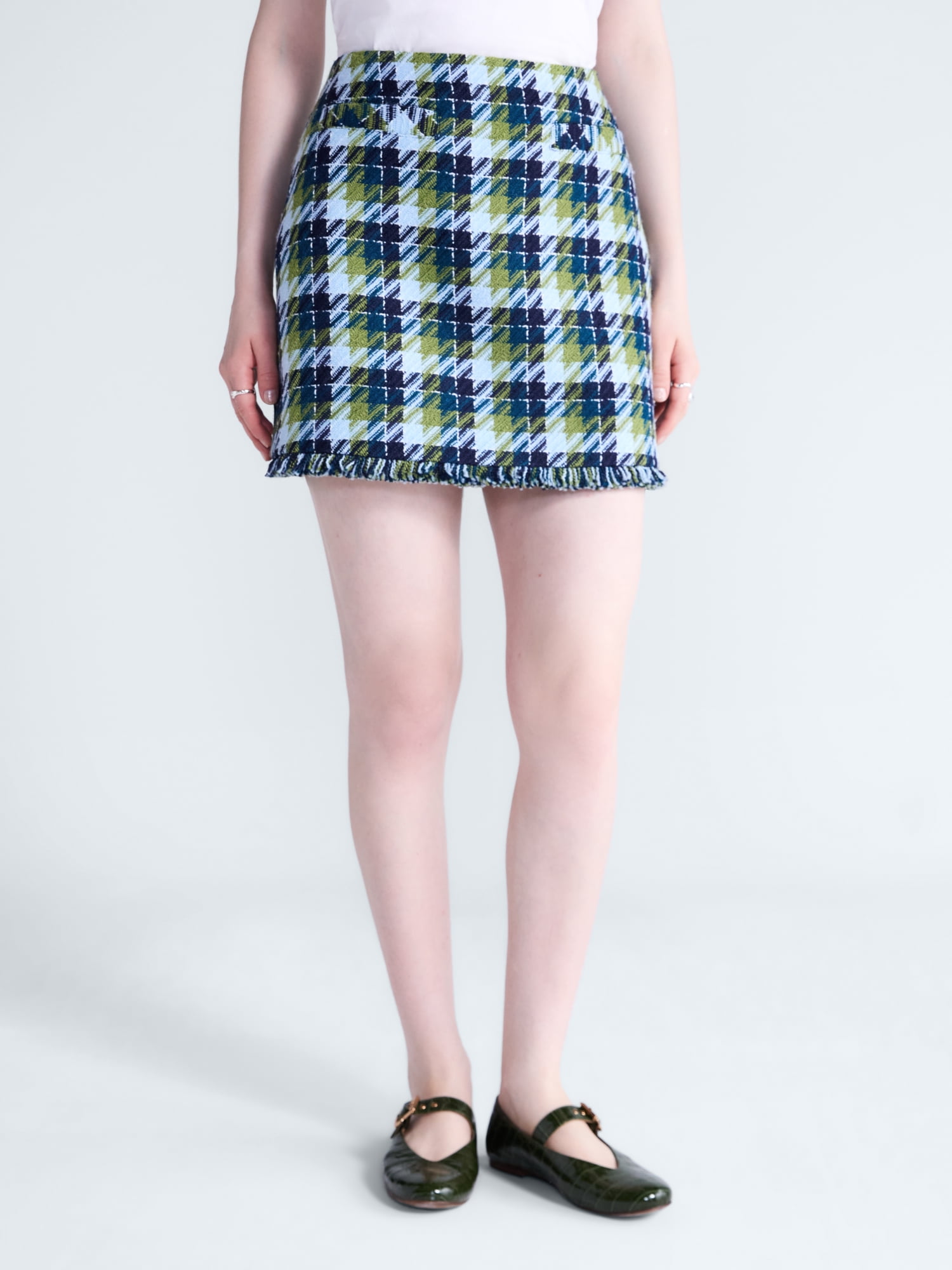 Free Assembly Women’s and Women's Plus Tweed Mini Skirt with Fringe Hem, Sizes 0-28