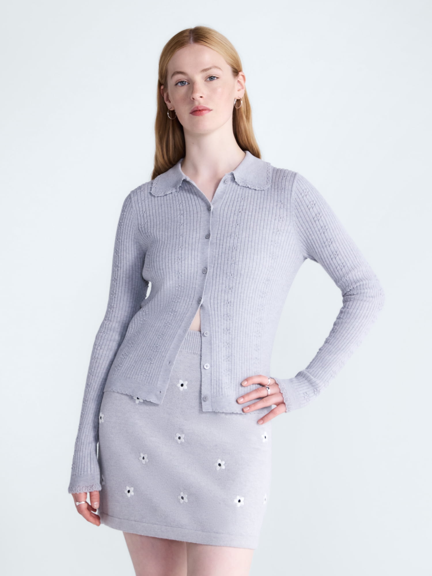 Free Assembly Women's and Women's Plus Pointelle Trim Cardigan Sweater, Lightweight, Sizes XS-4X