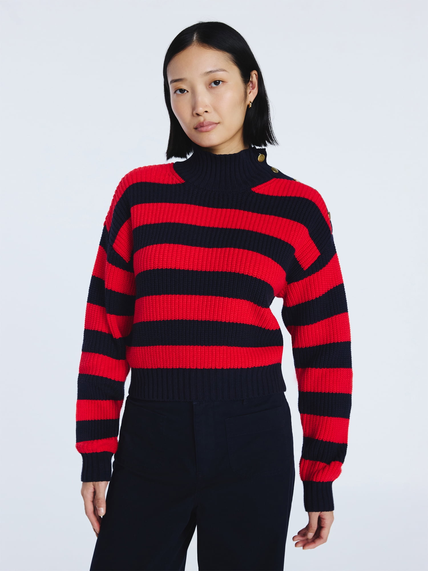 Free Assembly Women's Mock Neck Button Sweater with Long Sleeves, Midweight, Sizes XS-XXL