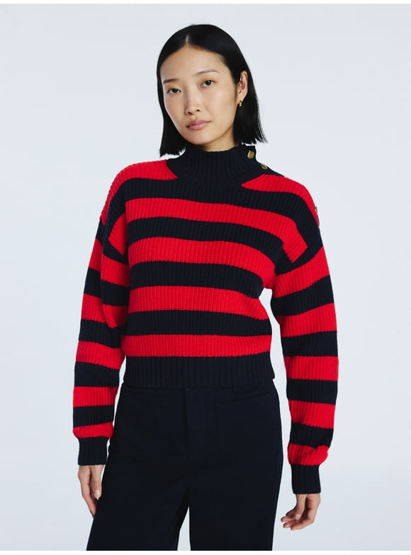 Women's Mock Neck Button Sweater with Long Sleeves, Midweight, Sizes XS-XXL