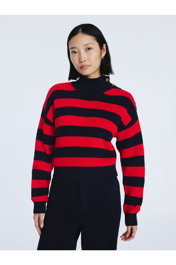 Women's Mock Neck Button Sweater with Long Sleeves, Midweight, Sizes XS-XXL