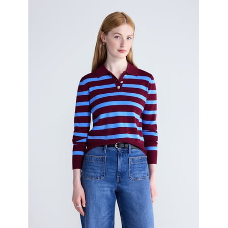 Free Assembly Women's and Women's Plus Polo Sweater with Long Sleeves, Lightweight, Sizes XS-4X