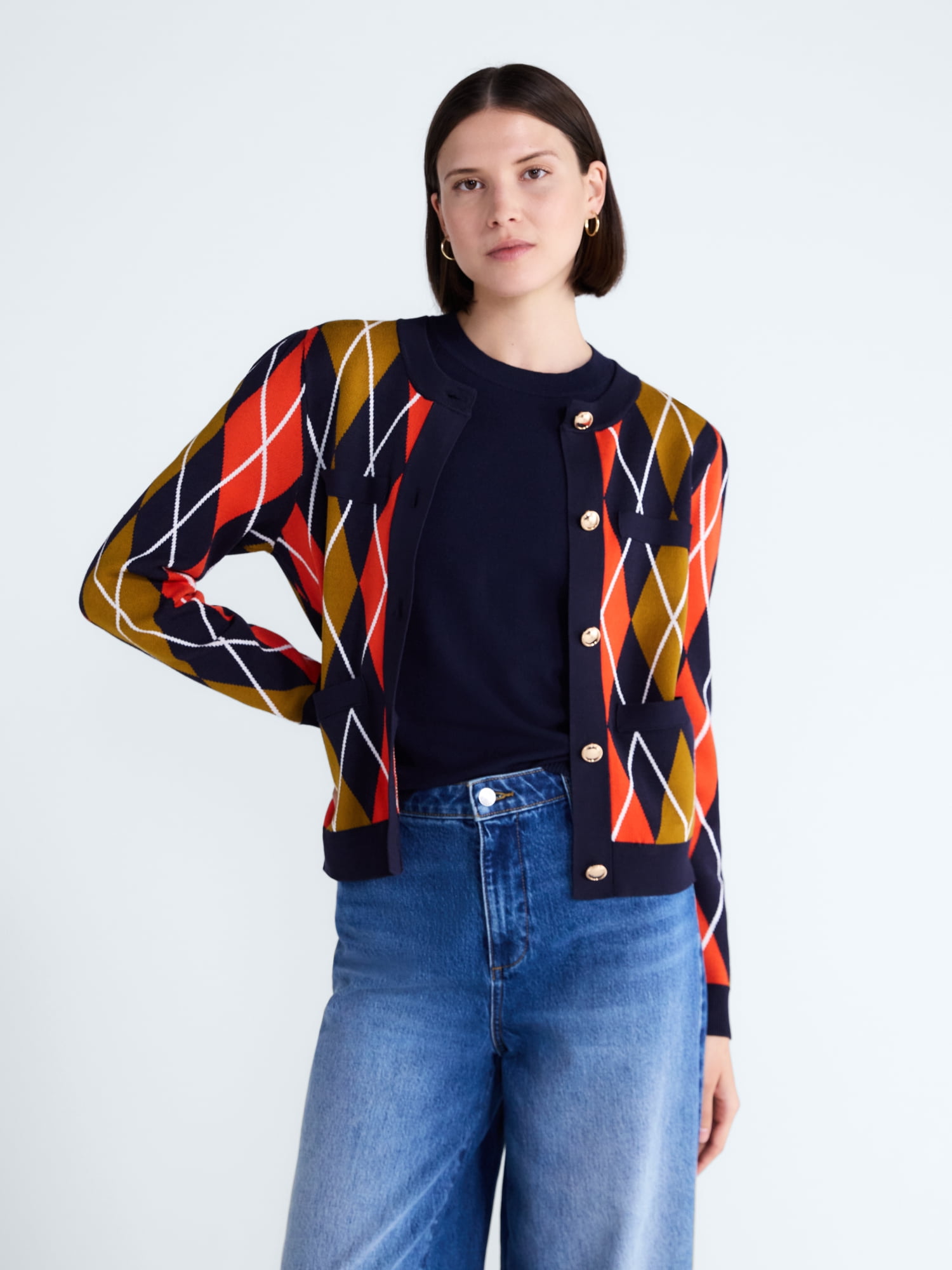 Free Assembly Women's and Women's Plus Argyle Cardigan Sweater with Puff Sleeves, Midweight, Sizes XS-4X