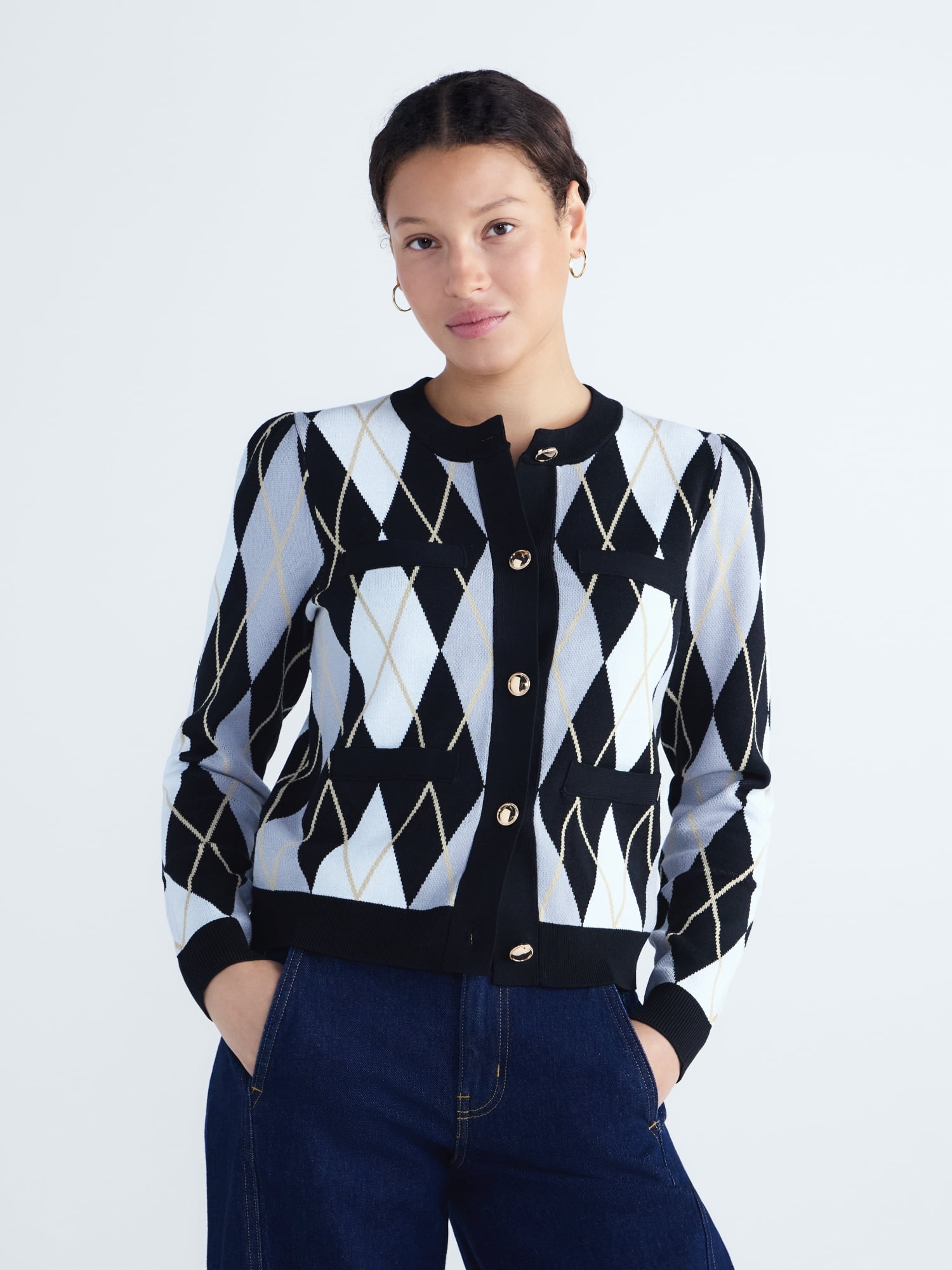 Free Assembly Women's and Women's Plus Argyle Cardigan Sweater with Puff Sleeves, Midweight, Sizes XS-4X