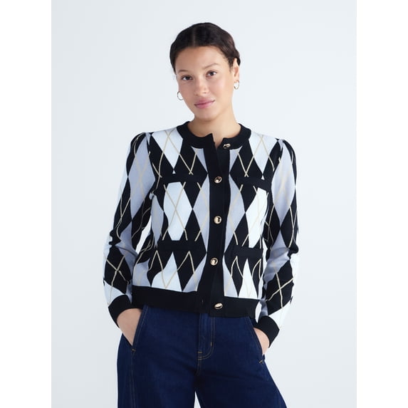 Free Assembly Women's and Women's Plus Argyle Cardigan Sweater with Puff Sleeves, Midweight, Sizes XS-4X