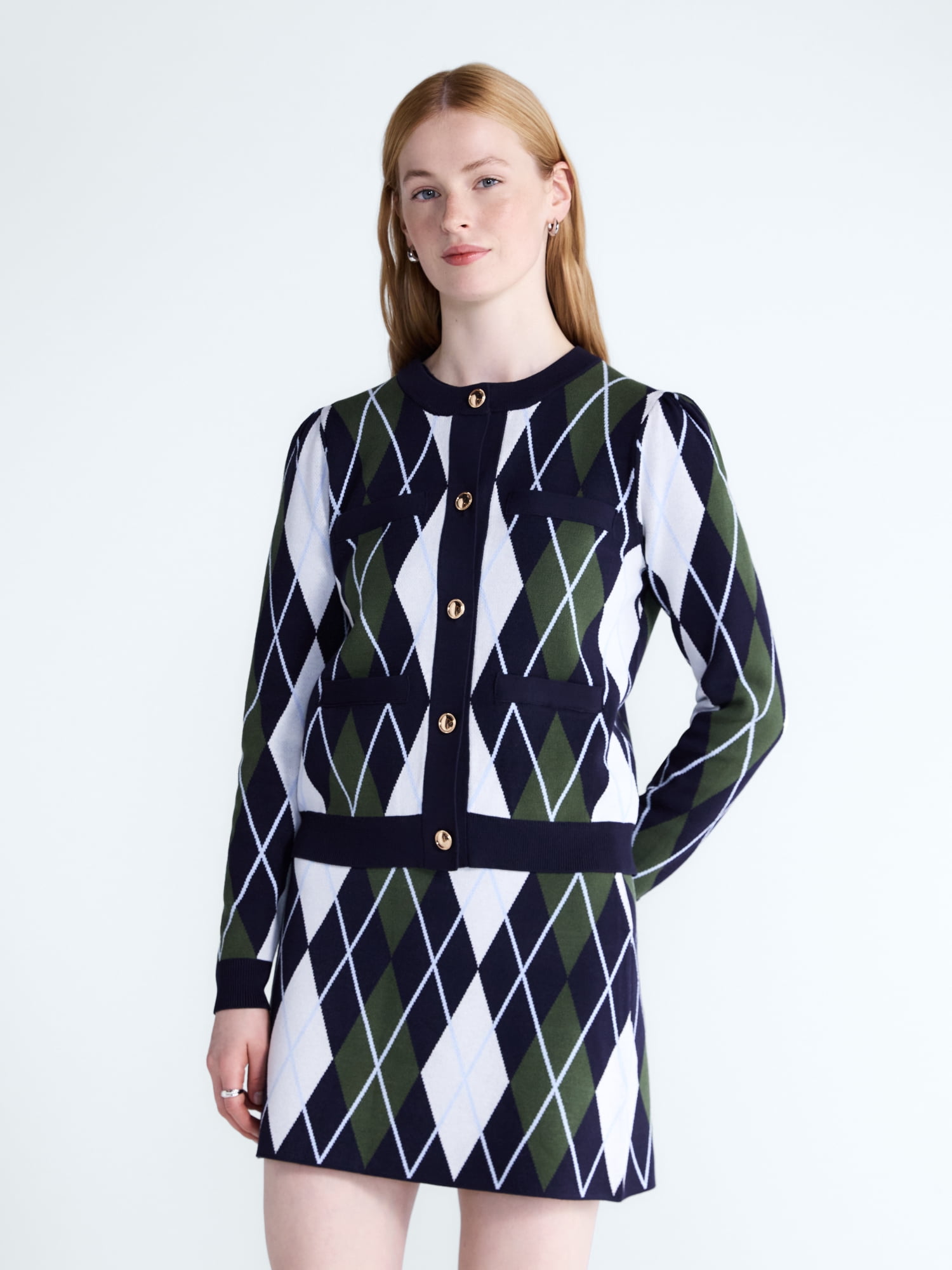 Free Assembly Women's and Women's Plus Argyle Cardigan Sweater with Puff Sleeves, Midweight, Sizes XS-4X
