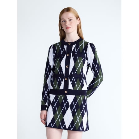 Free Assembly Women's and Women's Plus Argyle Cardigan Sweater with Puff Sleeves, Midweight, Sizes XS-4X