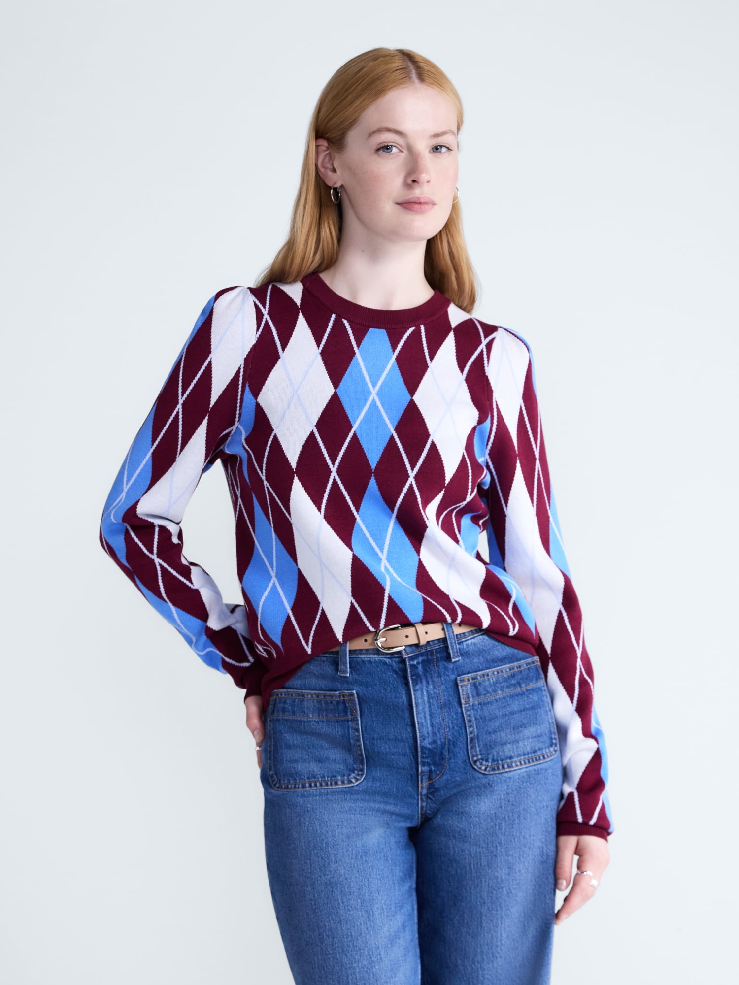 Free Assembly Women's and Women’s Plus Argyle Sweater with Puff Sleeves, Midweight, Sizes XS-XXL
