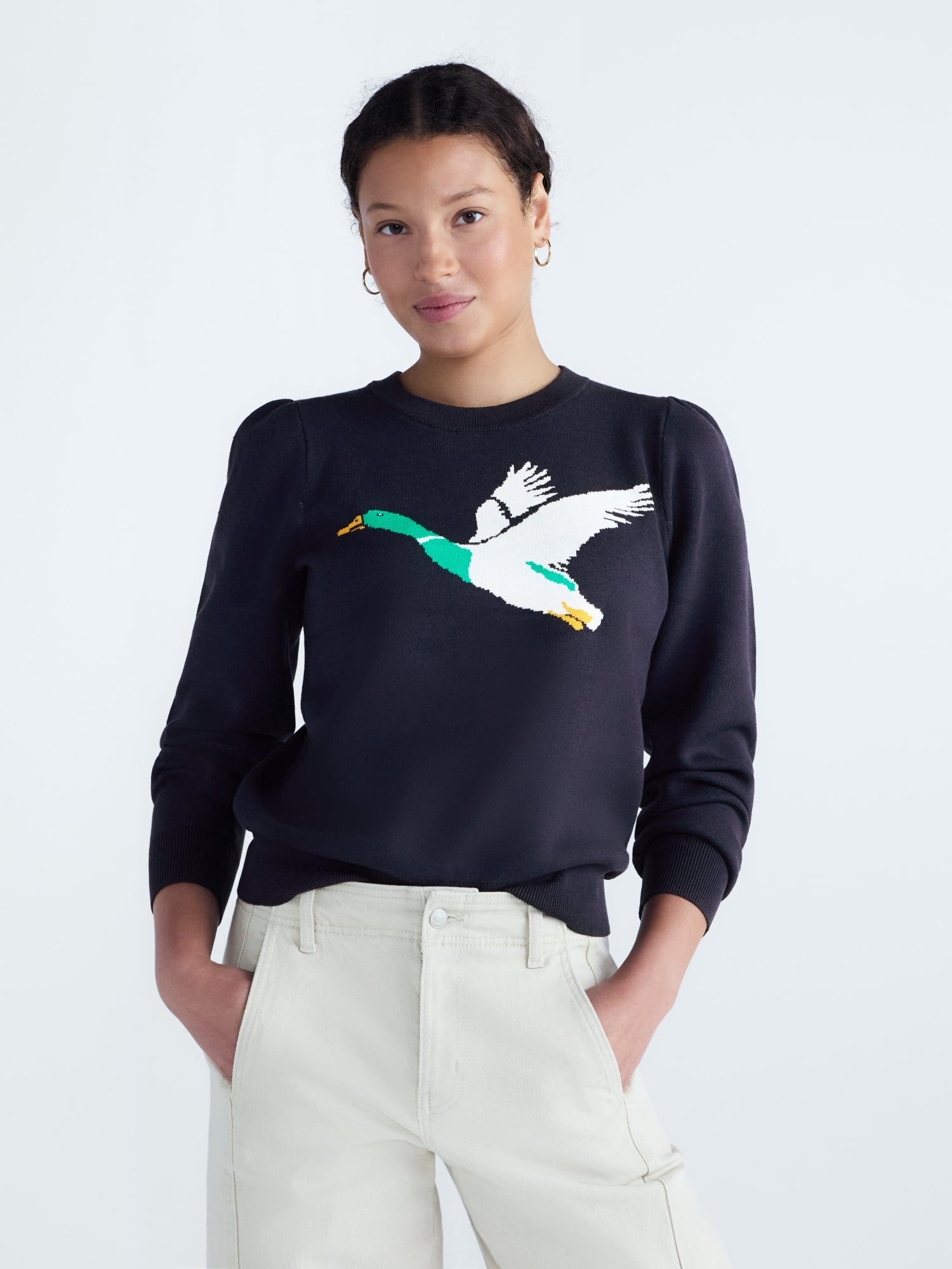 Free Assembly Women's and Women's and Women's Plus Pullover Sweater with Puff Sleeves, Midweight, Sizes XS-4X