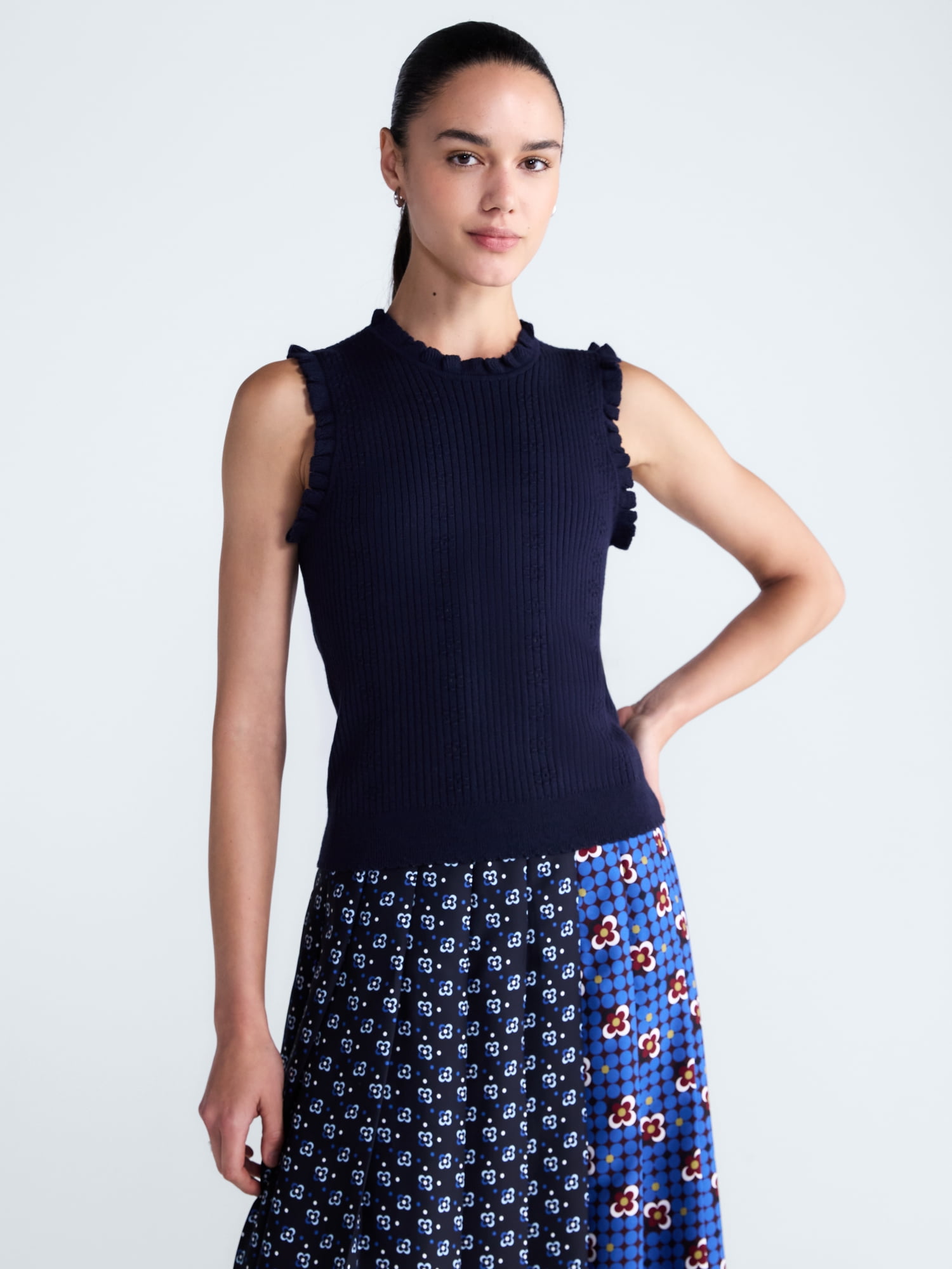 Free Assembly Women's Ruffle Trim Pointelle Sweater Shell, Lightweight, Sizes XS-XXL