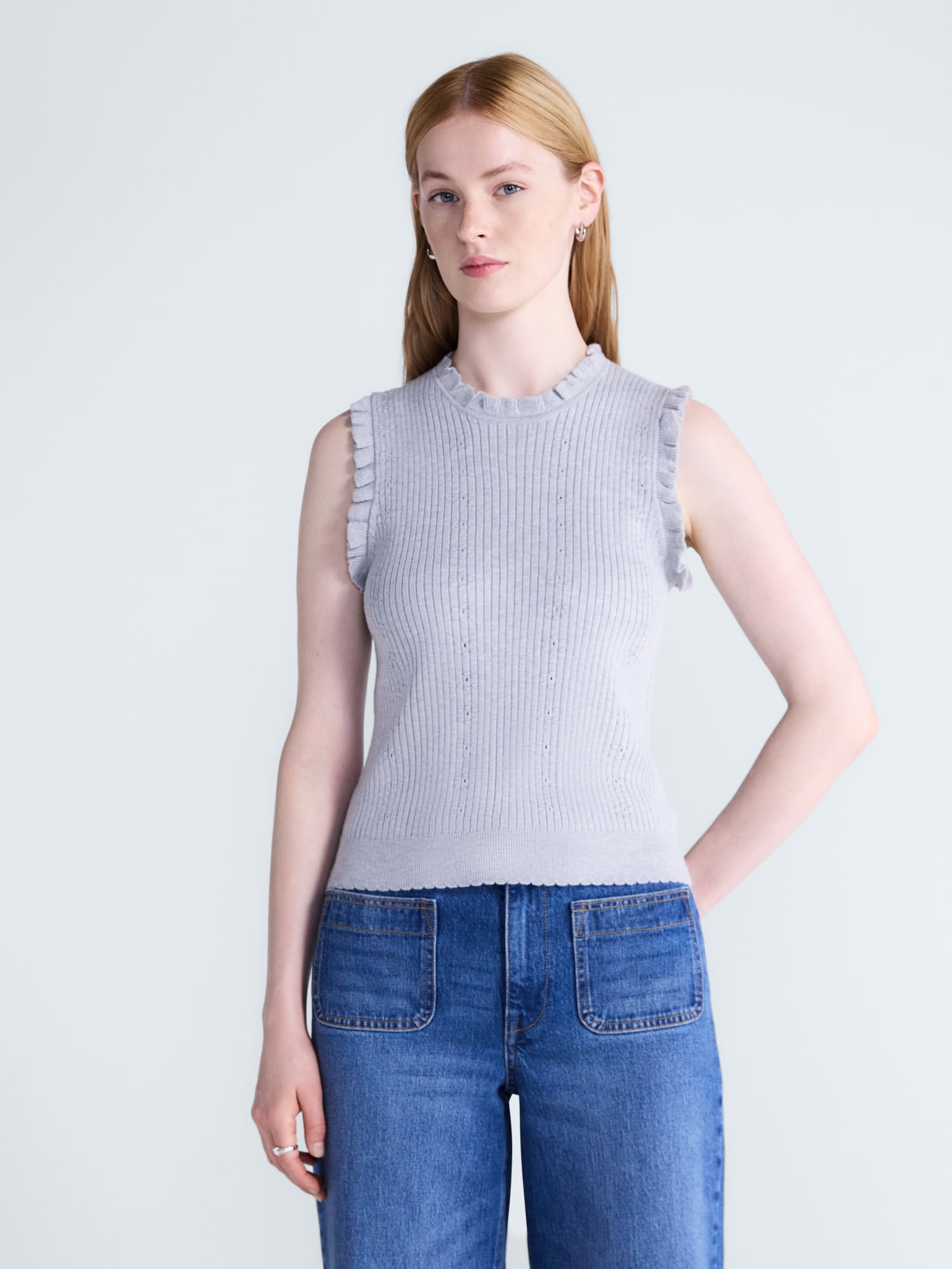 Free Assembly Women's Ruffle Trim Pointelle Sweater Shell, Lightweight, Sizes XS-XXL