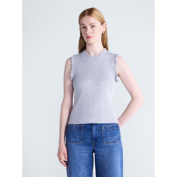 Free Assembly Women's Ruffle Trim Pointelle Sweater Shell, Lightweight, Sizes XS-XXL