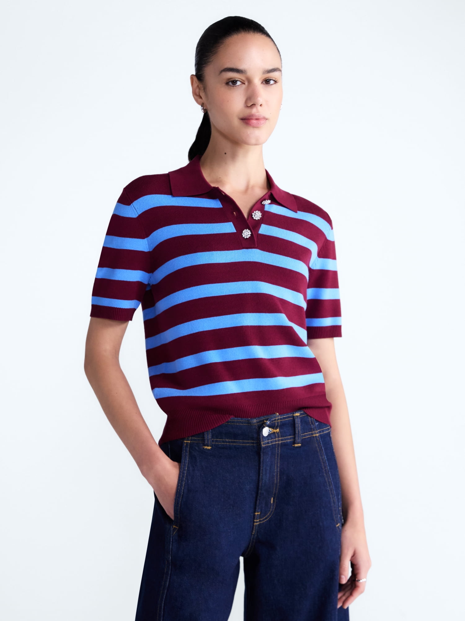 Free Assembly Women's and Women's Plus Polo Sweater with Short Sleeves, Lightweight, Sizes XS-4X