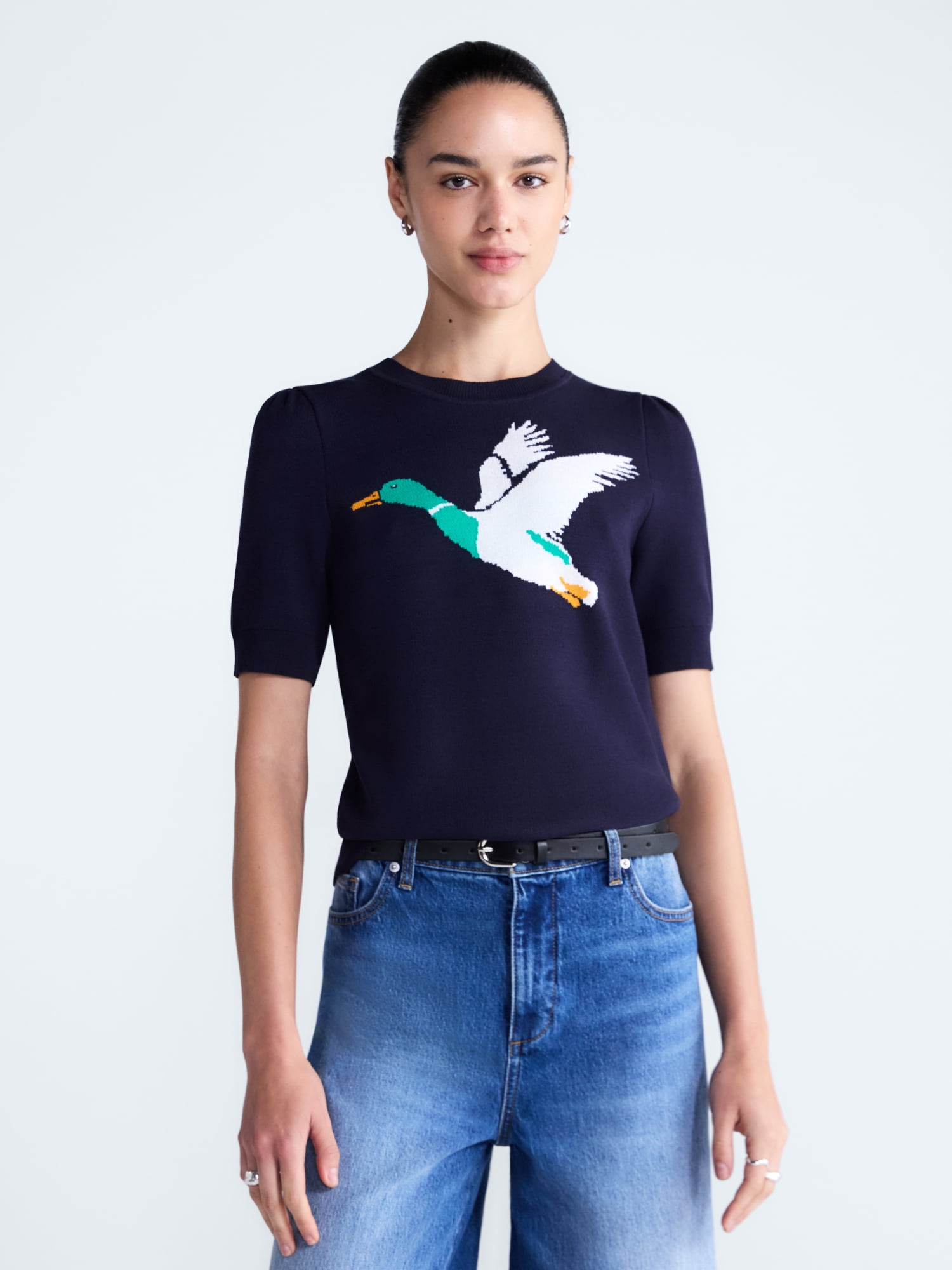 Free Assembly Women's and Women's Plus Crewneck Sweater with Short Puff Sleeves, Sizes XS-4X