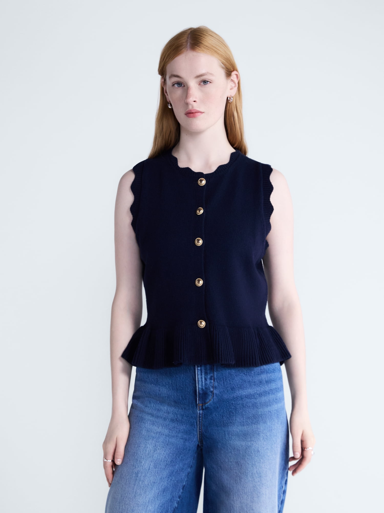Free Assembly Women's Scalloped Trim Peplum Hem Sweater Vest, Lightweight, Sizes XS-XXL