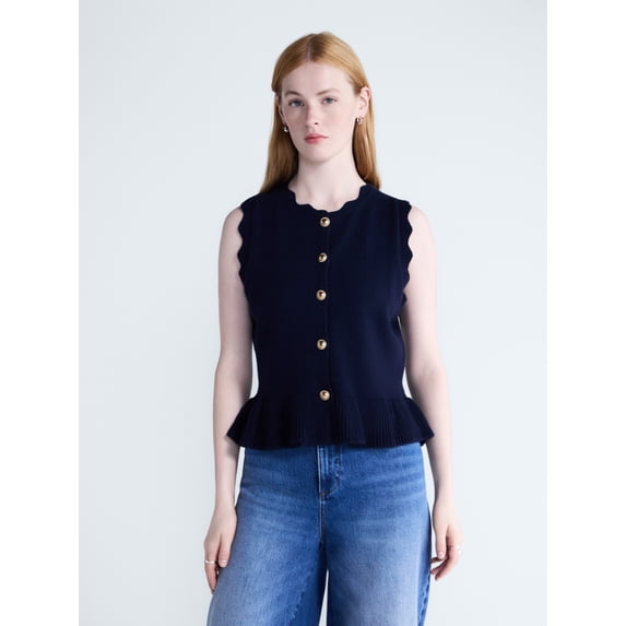 Free Assembly Women's Scalloped Trim Peplum Hem Sweater Vest, Lightweight, Sizes XS-XXL