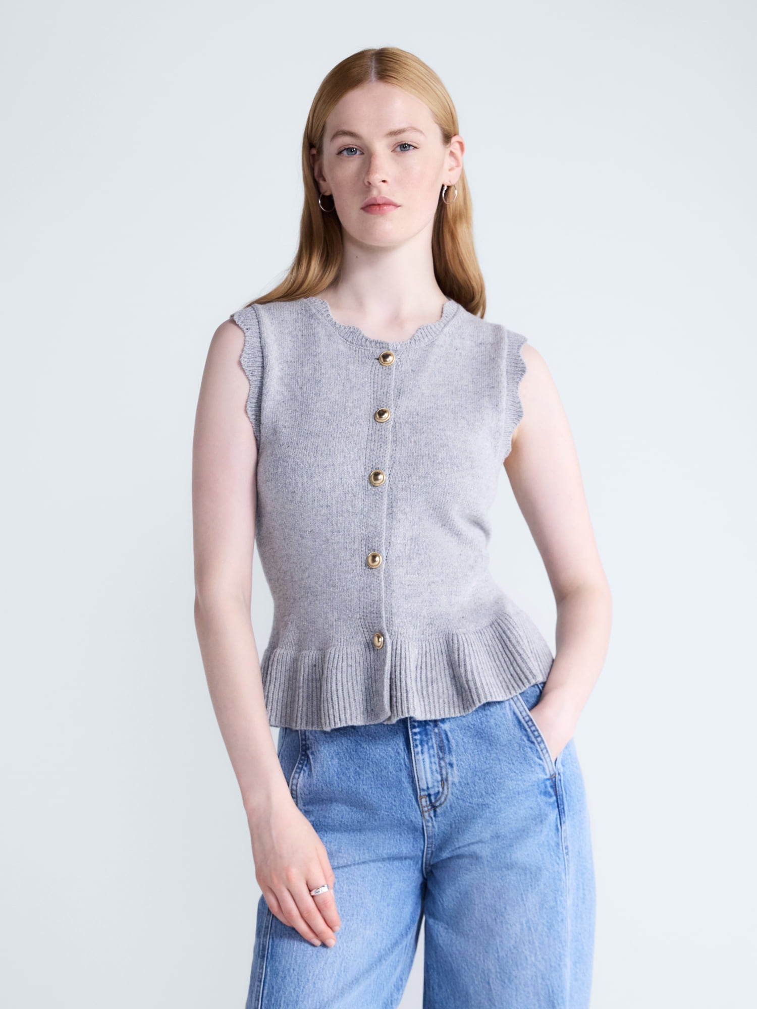 Free Assembly Women's Scalloped Trim Peplum Hem Sweater Vest, Lightweight, Sizes XS-XXL