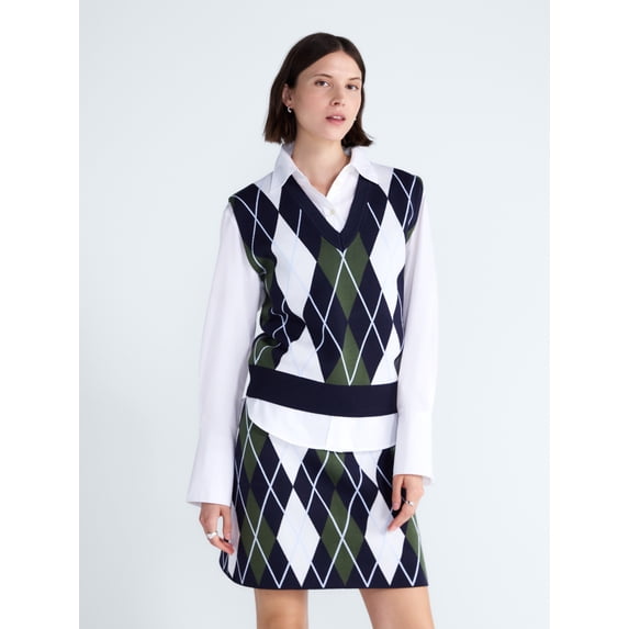 Free Assembly Women's and Women's Plus Argyle V-Neck Sweater Vest, Sizes XS-4X