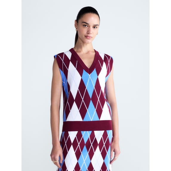 Free Assembly Women's and Women's Plus Argyle V-Neck Sweater Vest, Sizes XS-4X