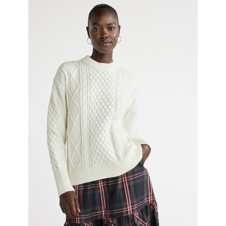 Free Assembly Women’s Mixed Cable Knit Sweater, Midweight, Sizes XS-XXXL