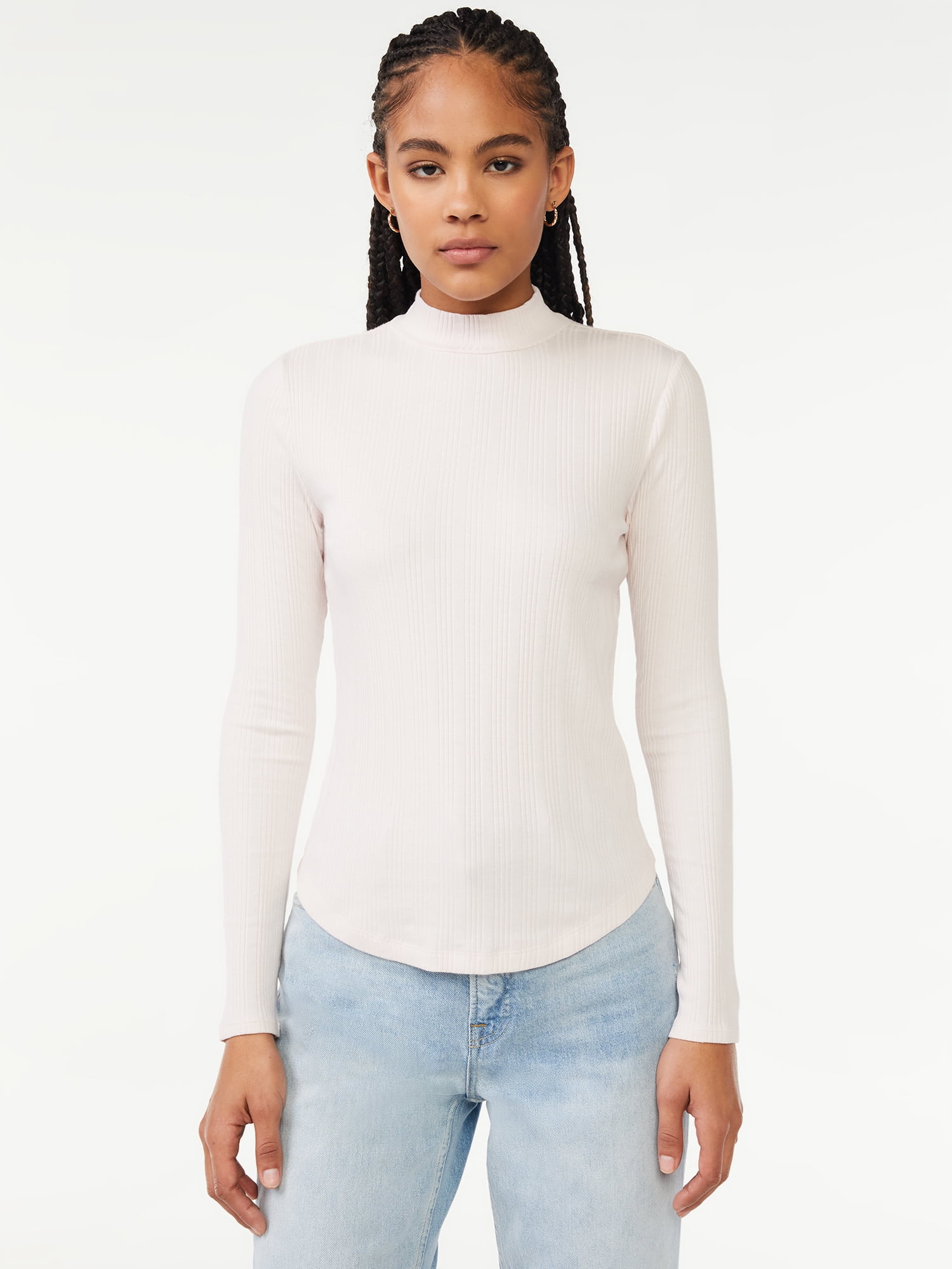Free Assembly Women's Mock Neck Novelty Rib Tee with Long Sleeves ...