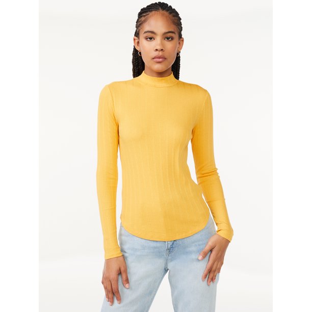 Free Assembly Women's Mock Neck Novelty Rib Tee with Long Sleeves